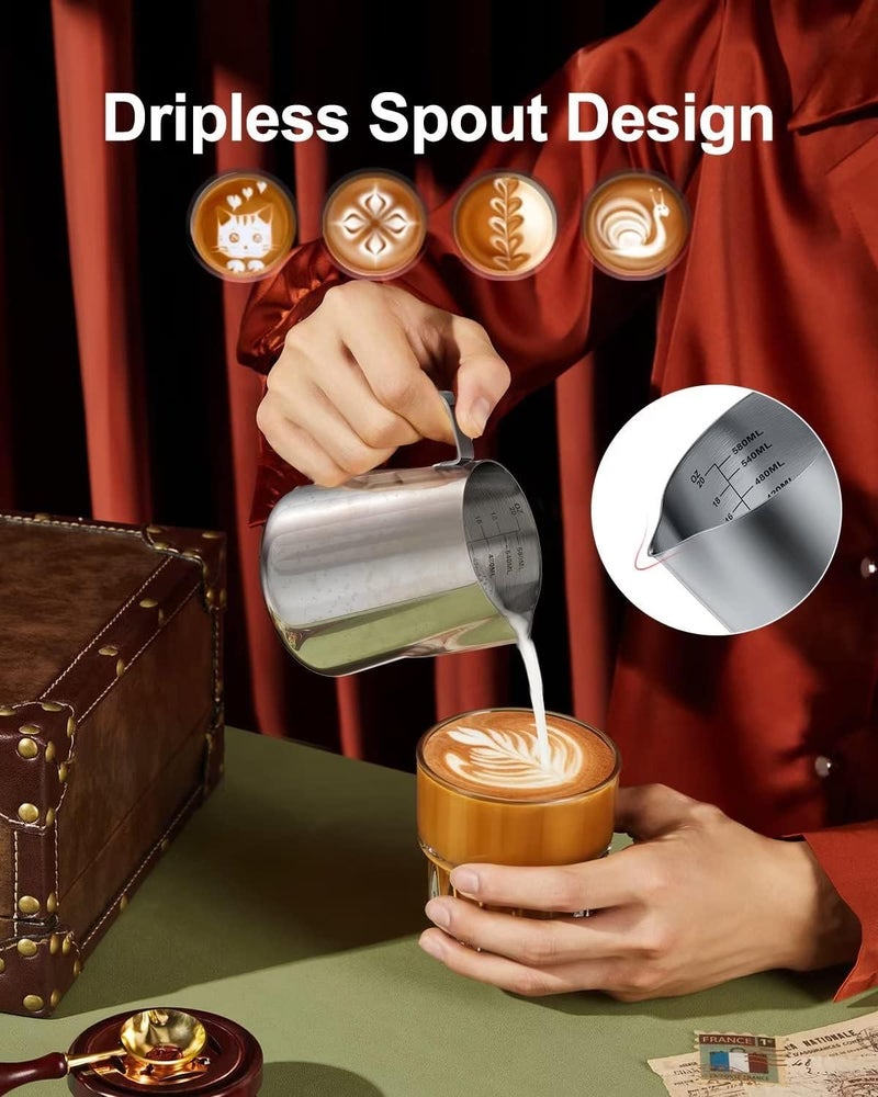 cicike 20 Ounces Stainless Steel Milk Frothing Pitcher, Measurements on Both Sides, Espresso Machine Accessories, Latte Art Cup with Insulated Handle, Creamer Pitcher for Single-Serve, No-drip or Spillage - Image 3